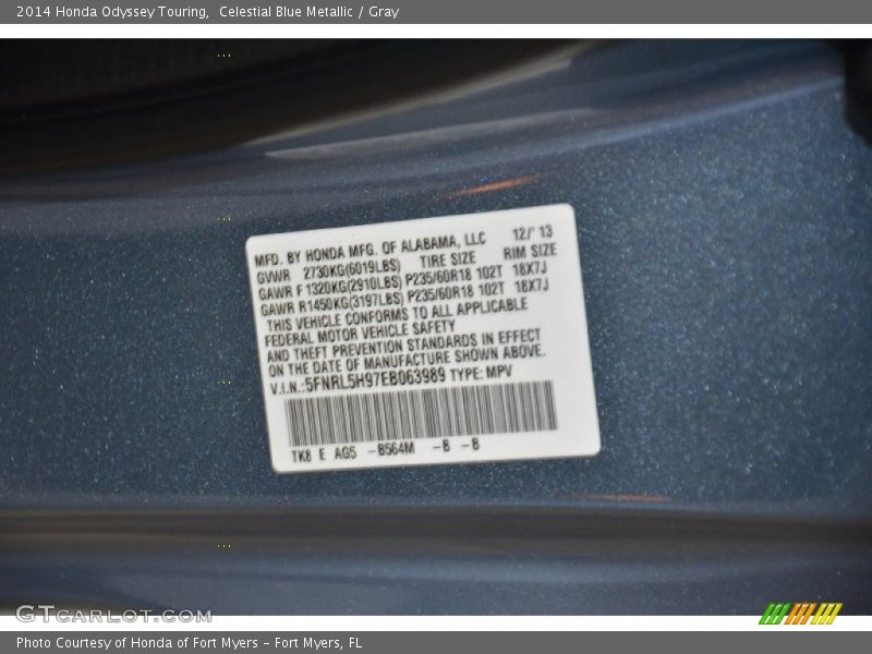 Celestial Blue Metallic / Gray 2014 Honda Odyssey Touring
