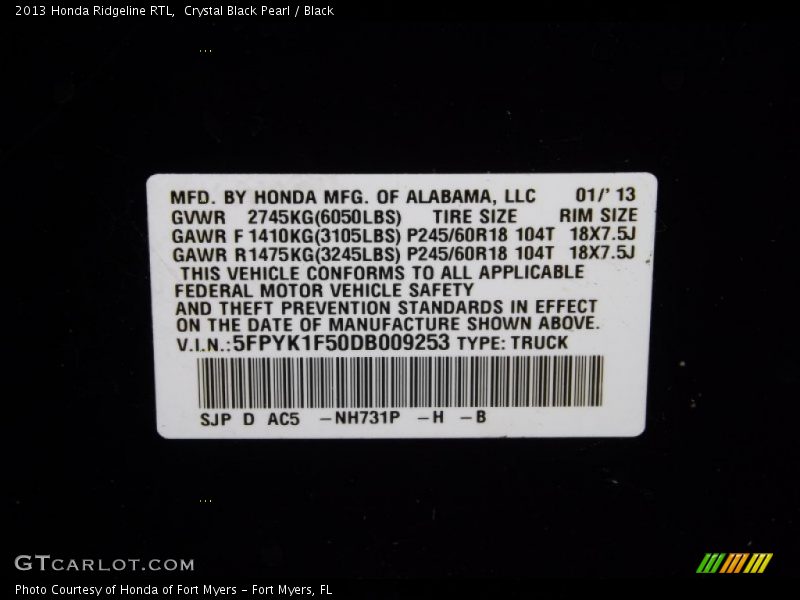 Crystal Black Pearl / Black 2013 Honda Ridgeline RTL