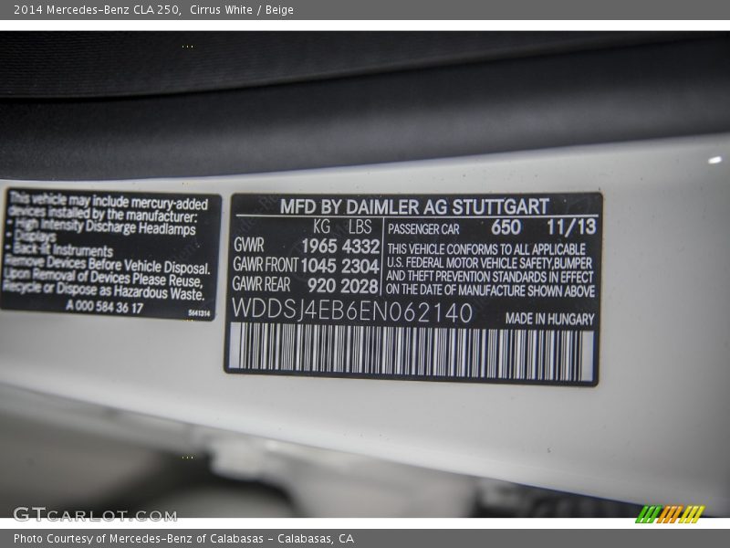 Cirrus White / Beige 2014 Mercedes-Benz CLA 250