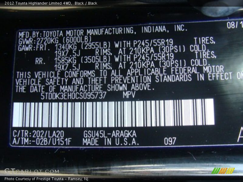 Black / Black 2012 Toyota Highlander Limited 4WD