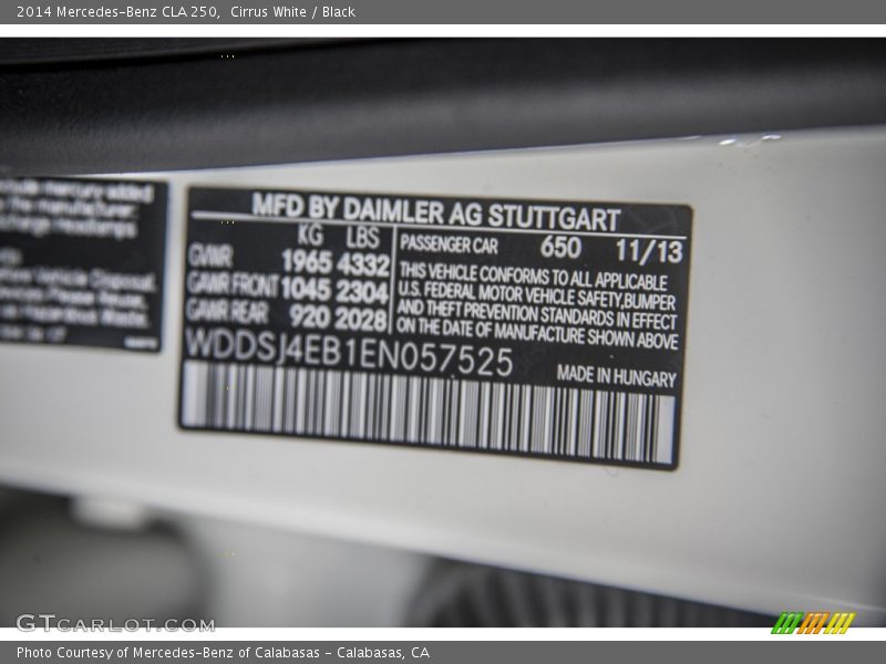 Cirrus White / Black 2014 Mercedes-Benz CLA 250