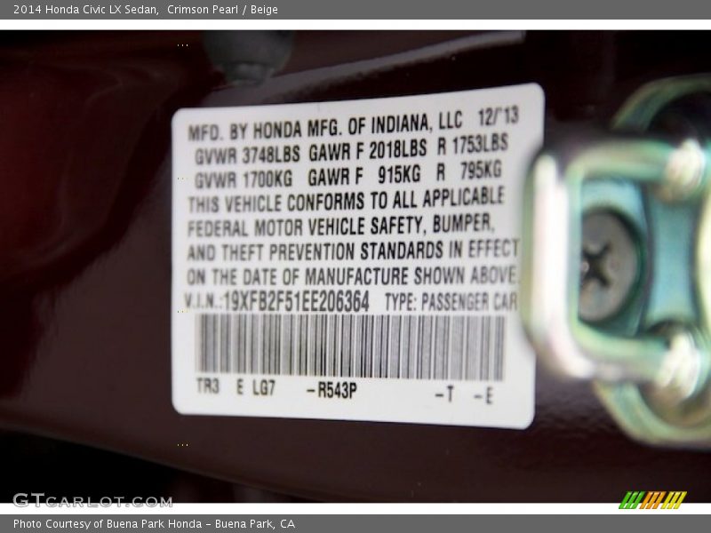 Crimson Pearl / Beige 2014 Honda Civic LX Sedan