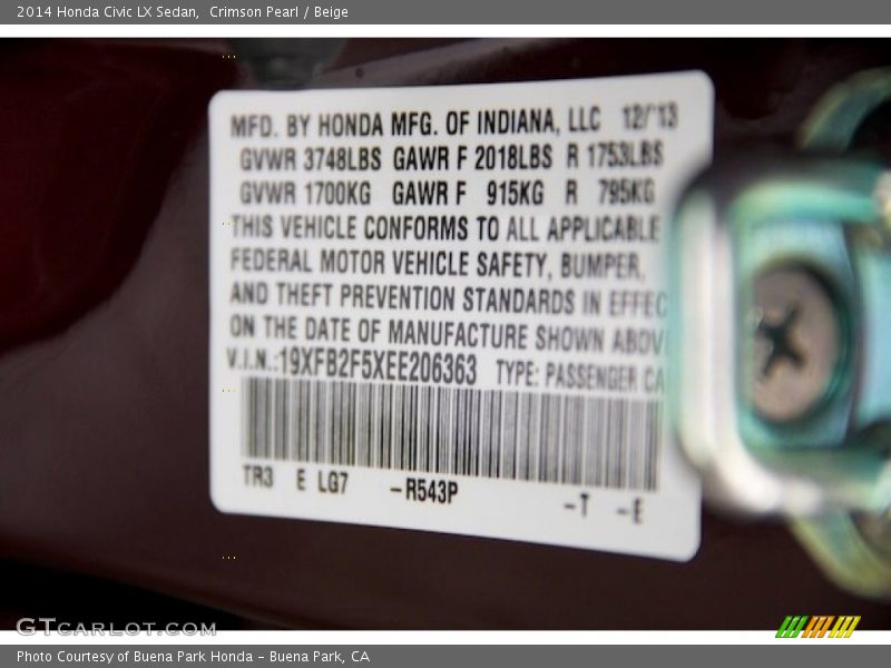 Crimson Pearl / Beige 2014 Honda Civic LX Sedan