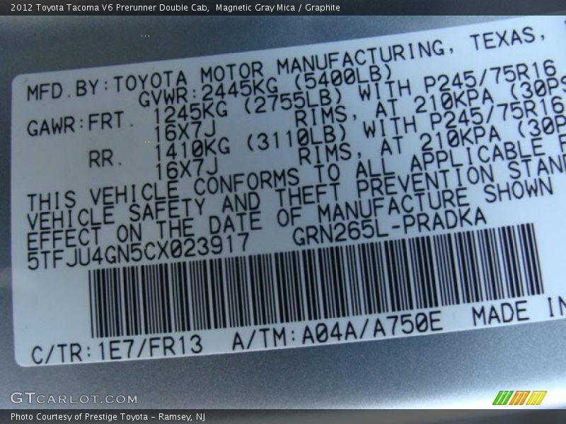 Magnetic Gray Mica / Graphite 2012 Toyota Tacoma V6 Prerunner Double Cab