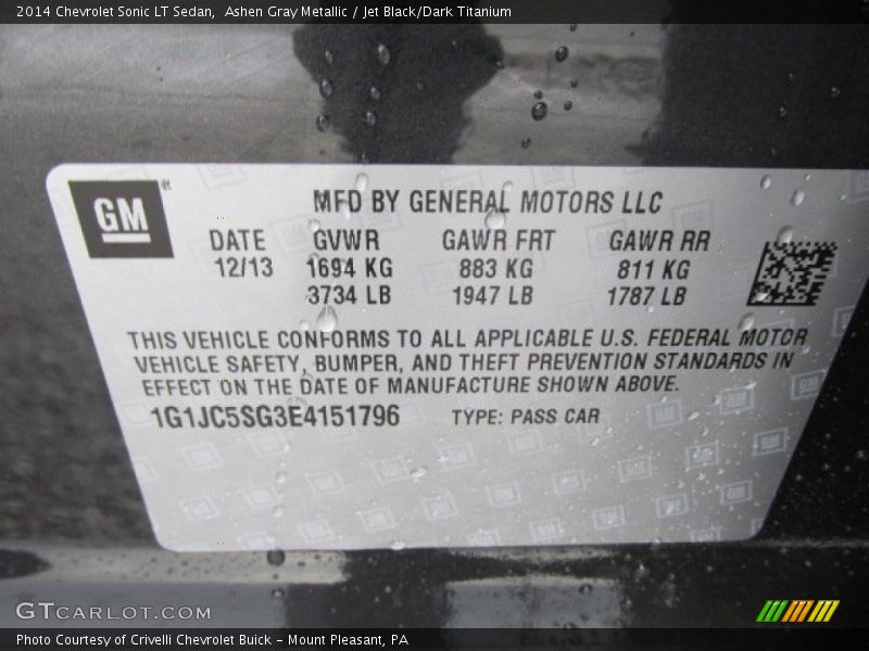 Ashen Gray Metallic / Jet Black/Dark Titanium 2014 Chevrolet Sonic LT Sedan
