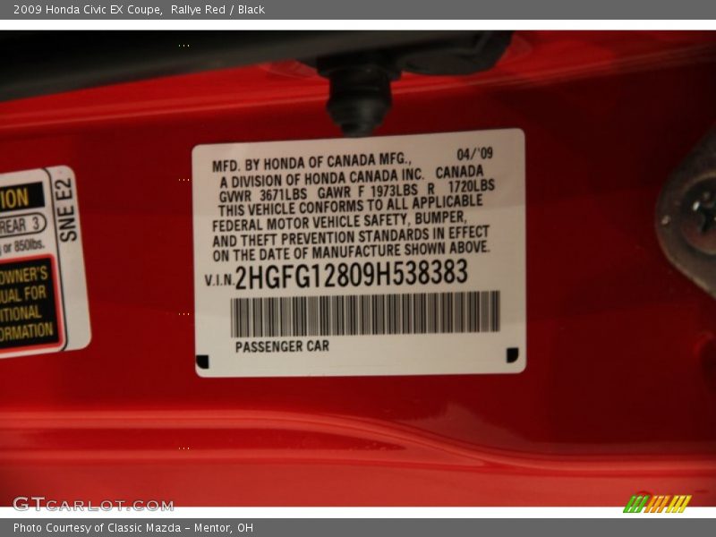 Rallye Red / Black 2009 Honda Civic EX Coupe