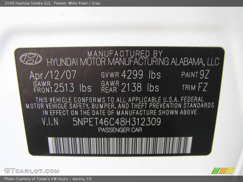 Powder White Pearl / Gray 2008 Hyundai Sonata GLS