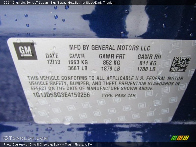 Blue Topaz Metallic / Jet Black/Dark Titanium 2014 Chevrolet Sonic LT Sedan
