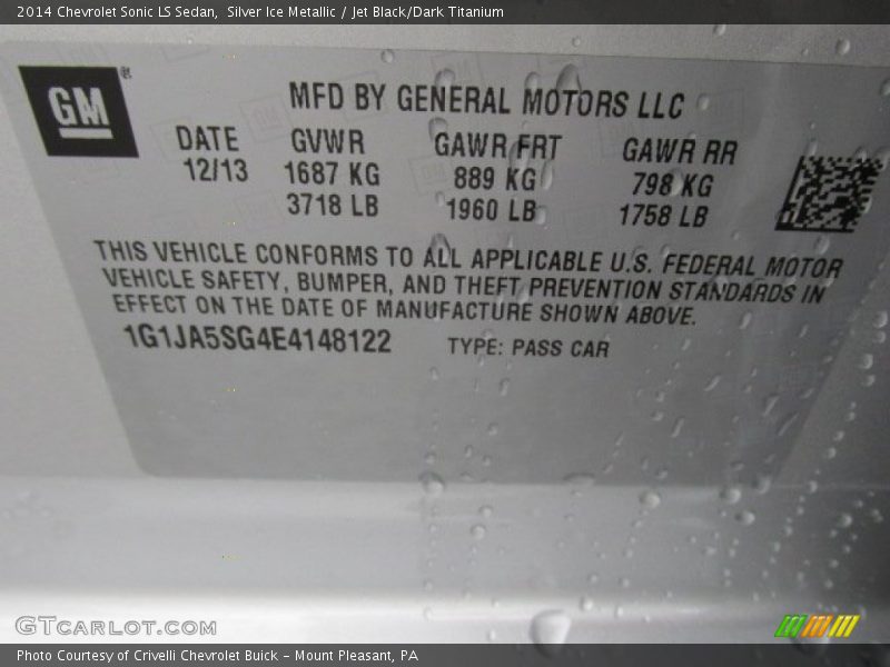 Silver Ice Metallic / Jet Black/Dark Titanium 2014 Chevrolet Sonic LS Sedan