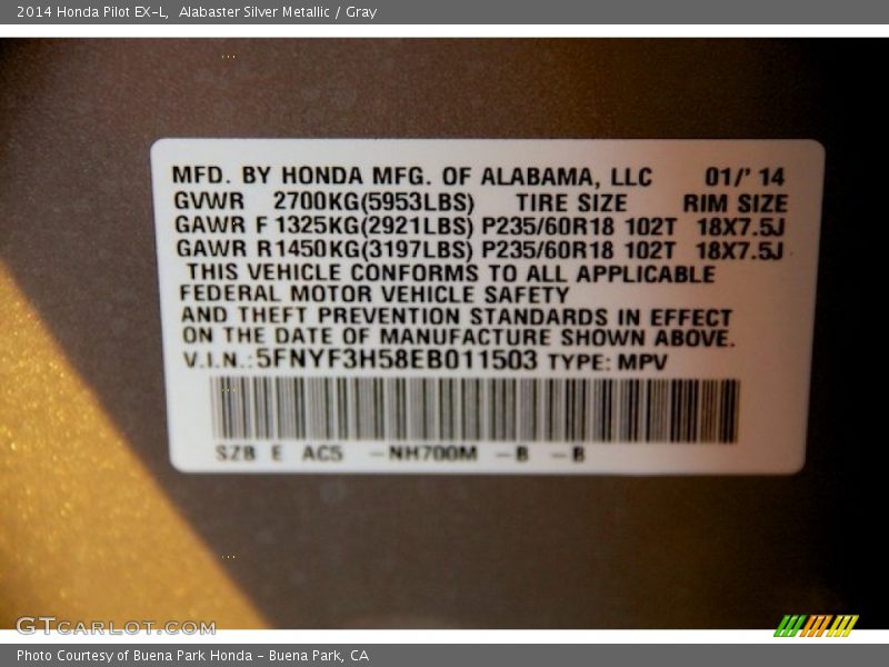 Alabaster Silver Metallic / Gray 2014 Honda Pilot EX-L