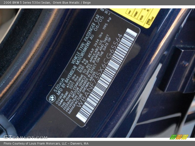 Info Tag of 2006 5 Series 530xi Sedan