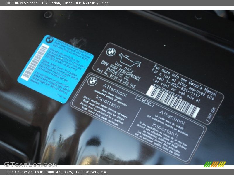 Info Tag of 2006 5 Series 530xi Sedan