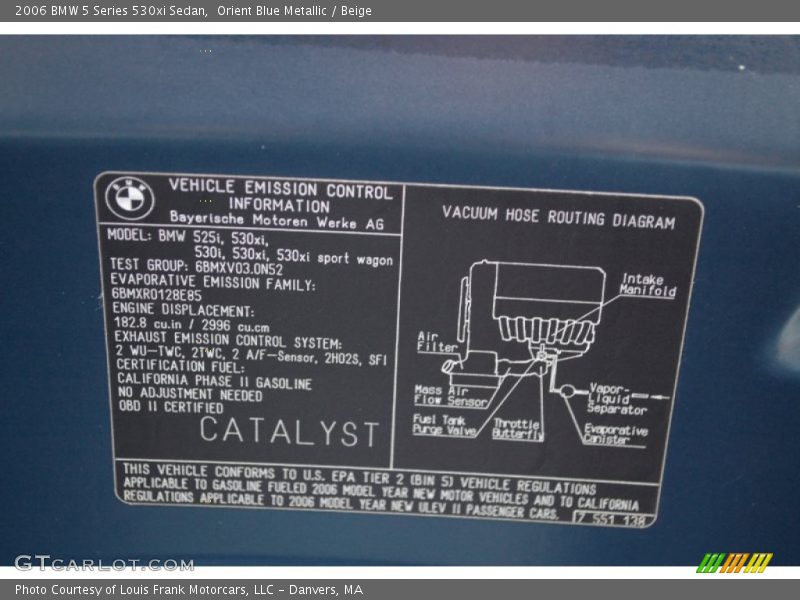Info Tag of 2006 5 Series 530xi Sedan