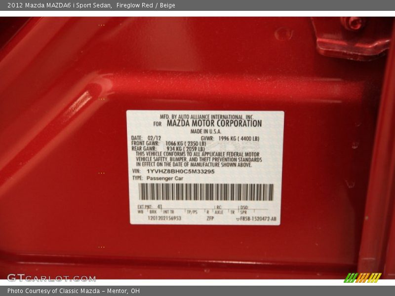2012 MAZDA6 i Sport Sedan Fireglow Red Color Code 41