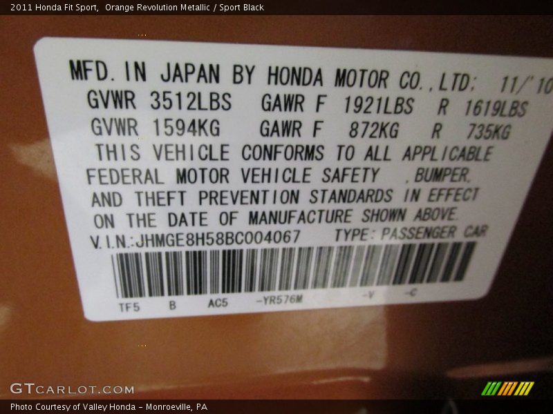 Orange Revolution Metallic / Sport Black 2011 Honda Fit Sport