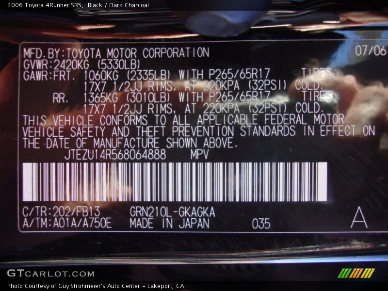 Black / Dark Charcoal 2006 Toyota 4Runner SR5