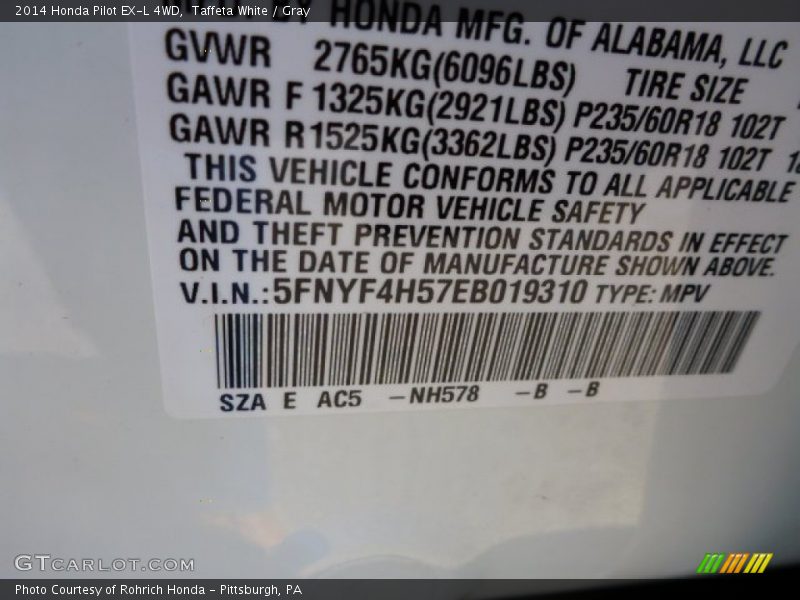 2014 Pilot EX-L 4WD Taffeta White Color Code NH578