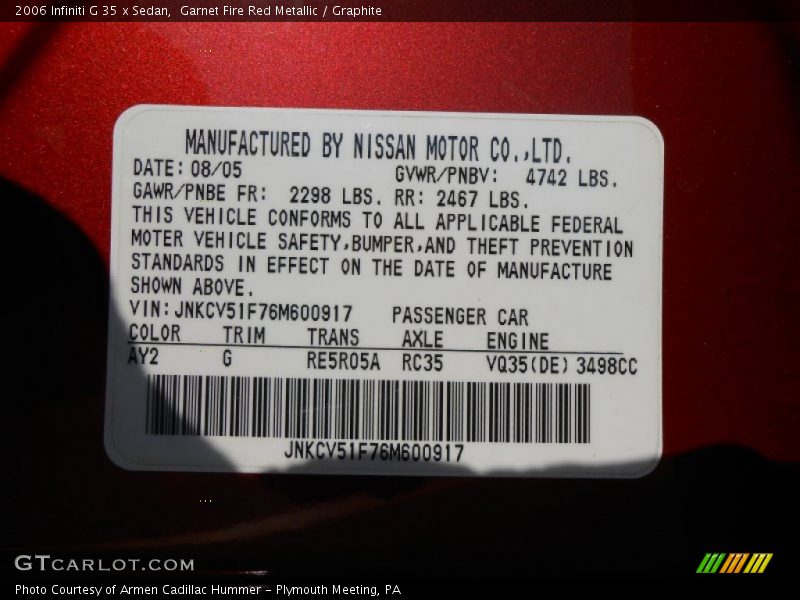 2006 G 35 x Sedan Garnet Fire Red Metallic Color Code AY2