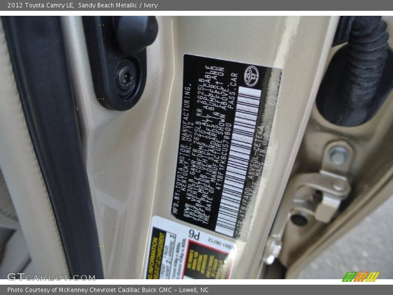Sandy Beach Metallic / Ivory 2012 Toyota Camry LE