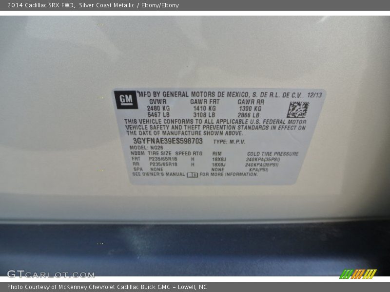 Silver Coast Metallic / Ebony/Ebony 2014 Cadillac SRX FWD