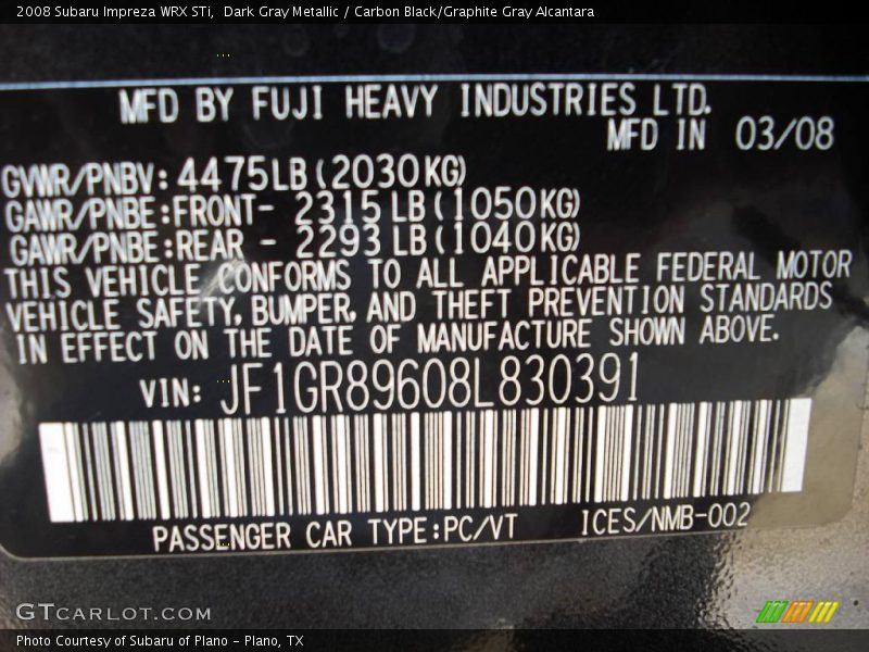 Dark Gray Metallic / Carbon Black/Graphite Gray Alcantara 2008 Subaru Impreza WRX STi