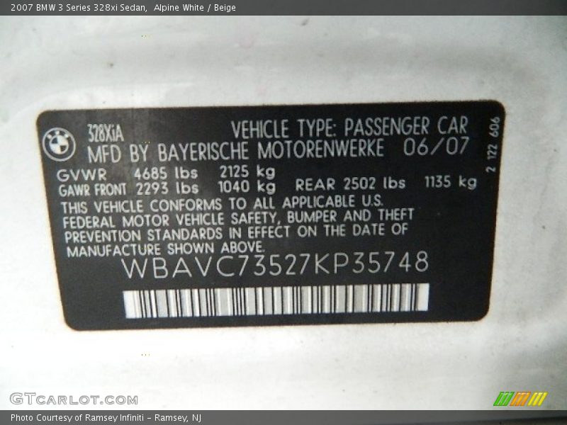 Alpine White / Beige 2007 BMW 3 Series 328xi Sedan