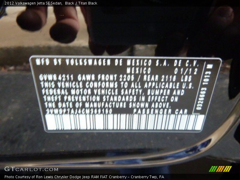 Black / Titan Black 2012 Volkswagen Jetta SE Sedan