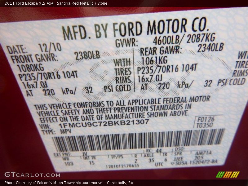 2011 Escape XLS 4x4 Sangria Red Metallic Color Code JV