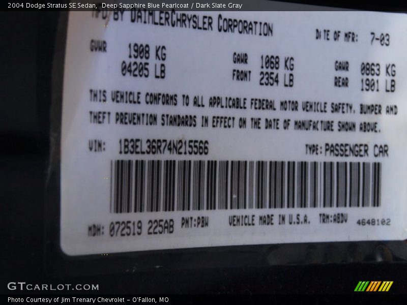 Deep Sapphire Blue Pearlcoat / Dark Slate Gray 2004 Dodge Stratus SE Sedan
