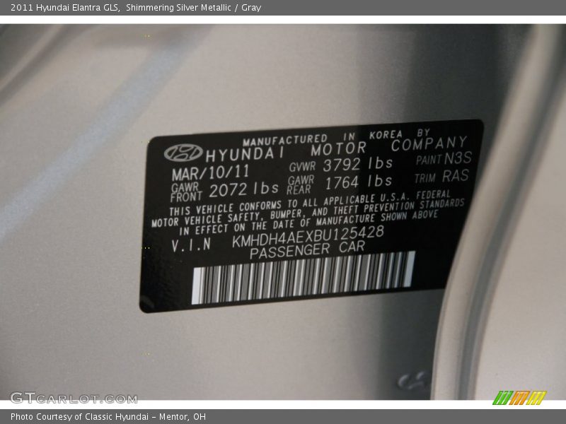 Shimmering Silver Metallic / Gray 2011 Hyundai Elantra GLS