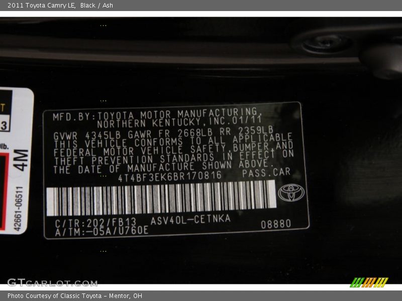 Black / Ash 2011 Toyota Camry LE