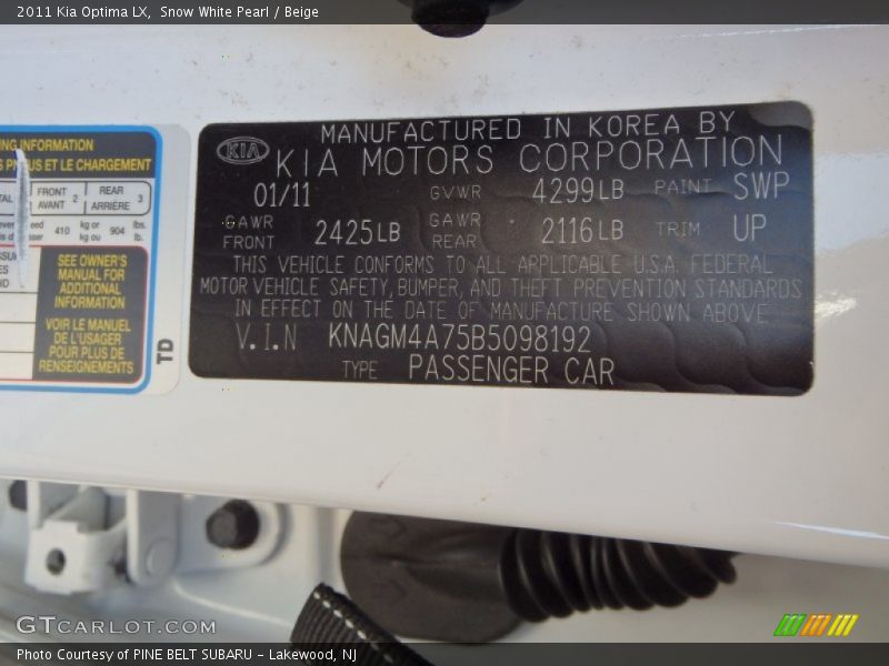 Snow White Pearl / Beige 2011 Kia Optima LX