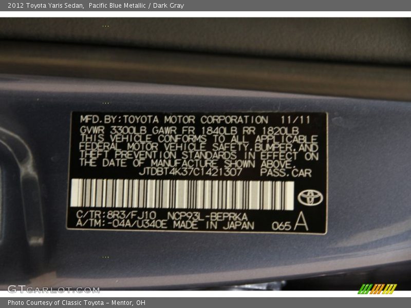 Pacific Blue Metallic / Dark Gray 2012 Toyota Yaris Sedan