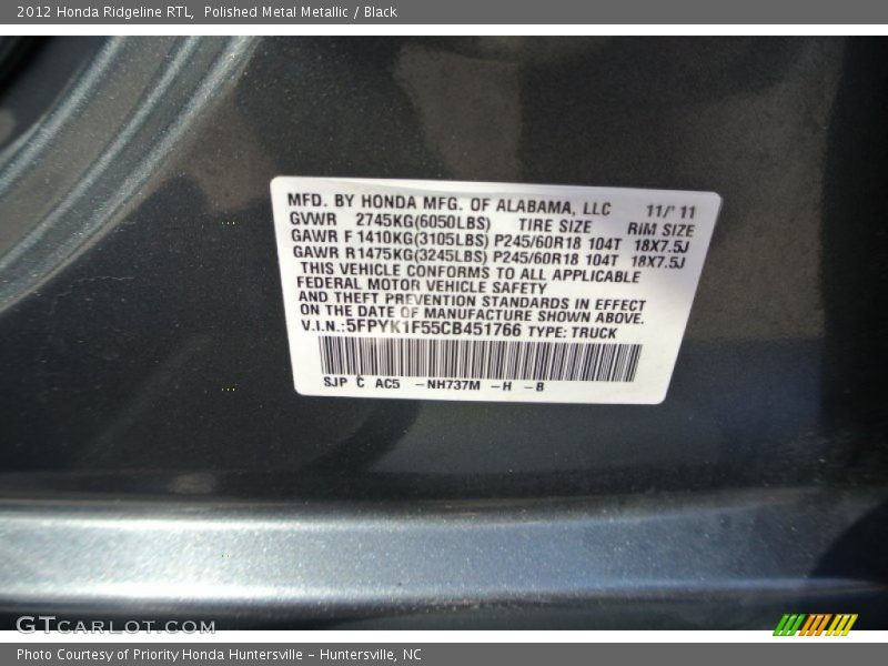 Polished Metal Metallic / Black 2012 Honda Ridgeline RTL