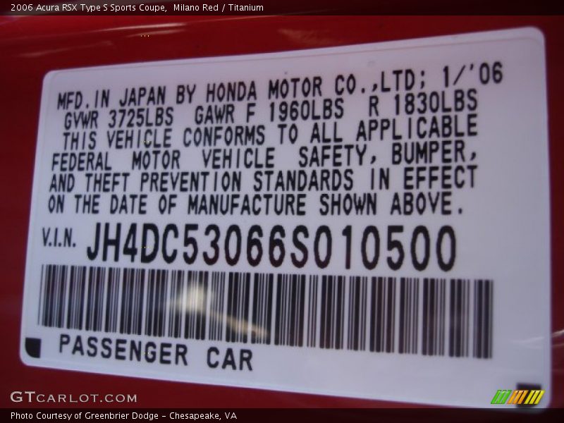 Info Tag of 2006 RSX Type S Sports Coupe