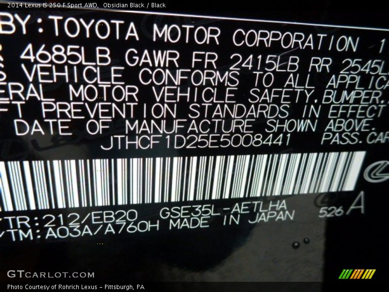 2014 IS 250 F Sport AWD Obsidian Black Color Code 212