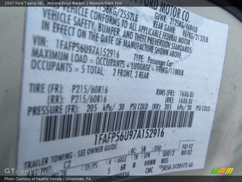 Arizona Beige Metallic / Medium/Dark Flint 2007 Ford Taurus SEL