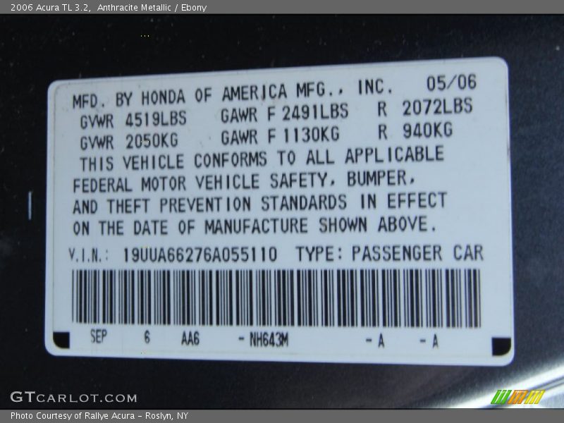 Anthracite Metallic / Ebony 2006 Acura TL 3.2