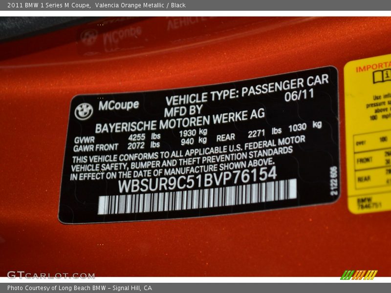 Info Tag of 2011 1 Series M Coupe