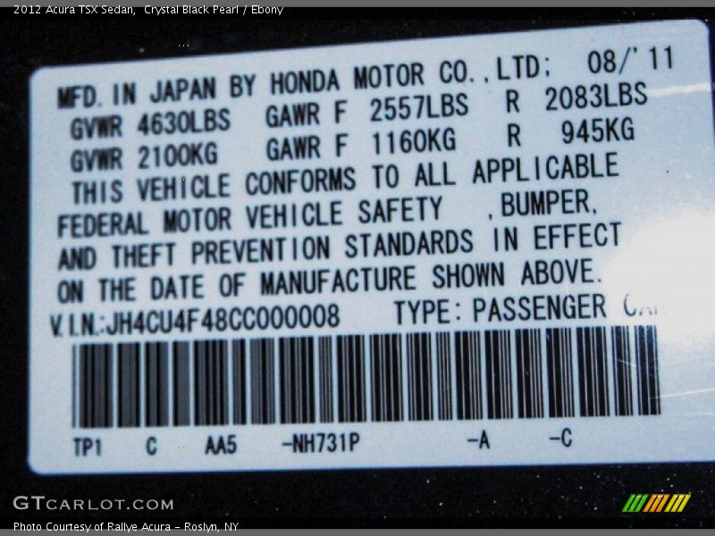 2012 TSX Sedan Crystal Black Pearl Color Code NH731P