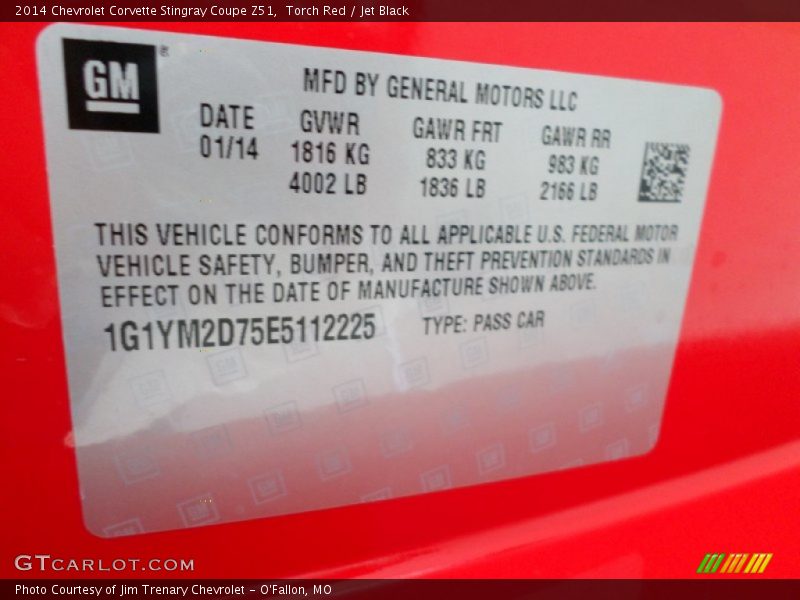 Info Tag of 2014 Corvette Stingray Coupe Z51
