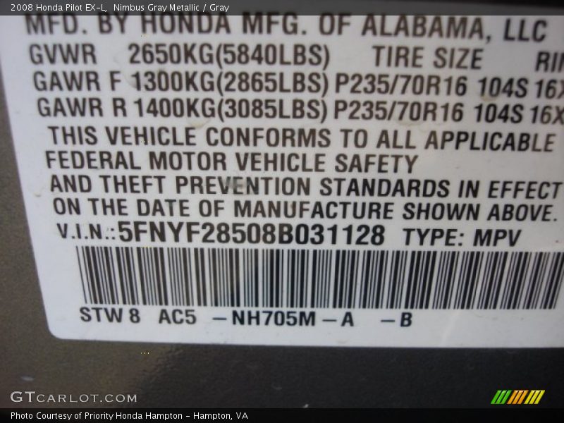 Nimbus Gray Metallic / Gray 2008 Honda Pilot EX-L