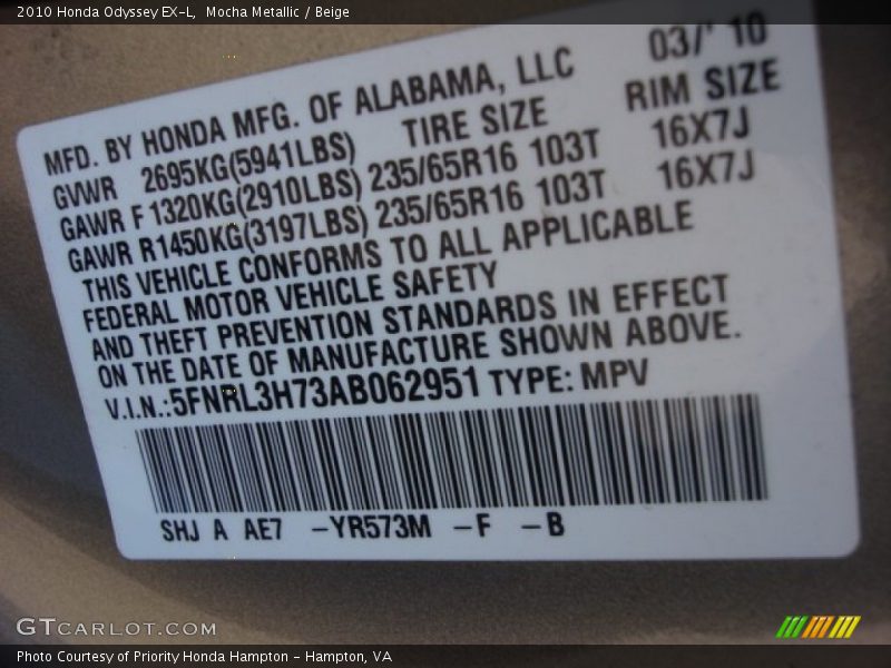 Mocha Metallic / Beige 2010 Honda Odyssey EX-L