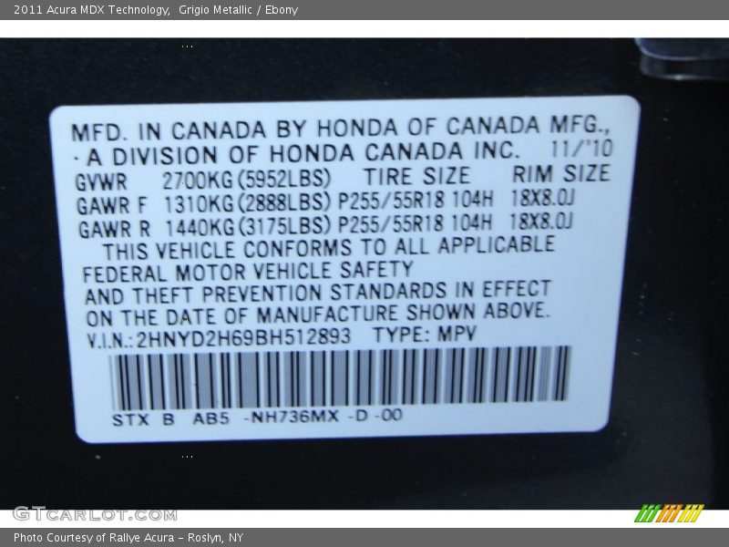 Grigio Metallic / Ebony 2011 Acura MDX Technology