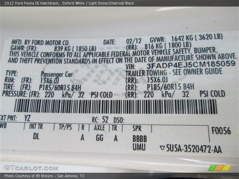 Oxford White / Light Stone/Charcoal Black 2012 Ford Fiesta SE Hatchback