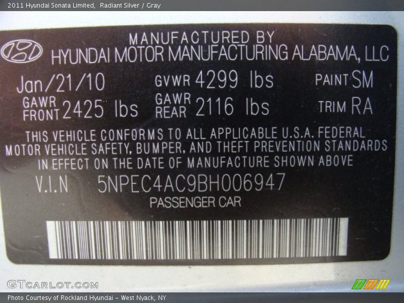 Radiant Silver / Gray 2011 Hyundai Sonata Limited