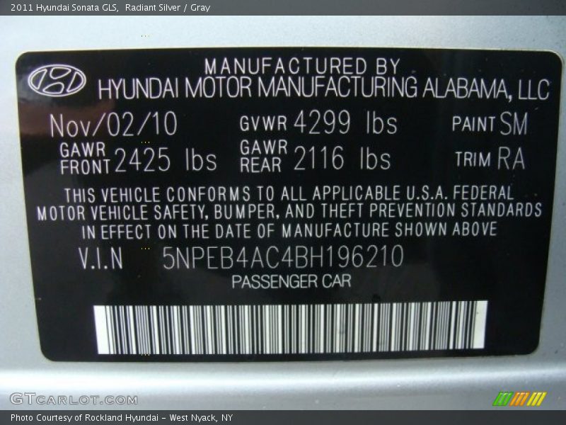 Radiant Silver / Gray 2011 Hyundai Sonata GLS