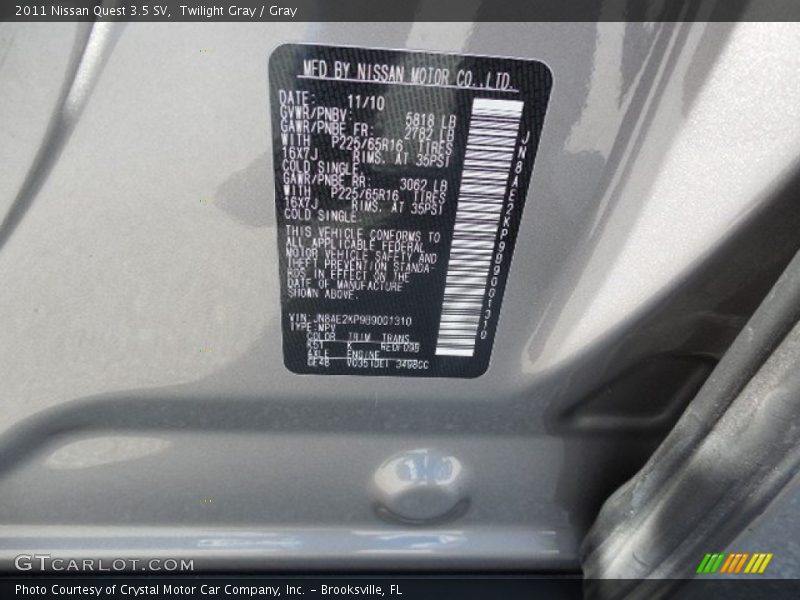 Twilight Gray / Gray 2011 Nissan Quest 3.5 SV