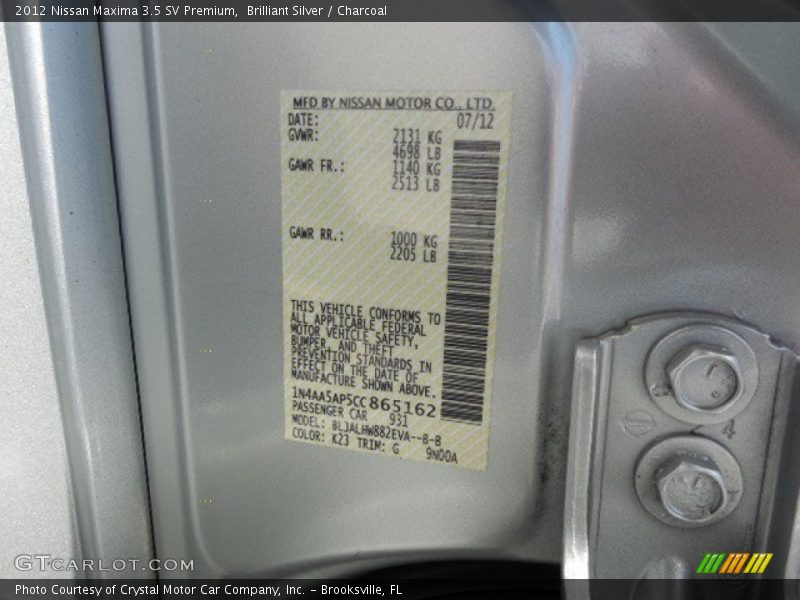 Brilliant Silver / Charcoal 2012 Nissan Maxima 3.5 SV Premium