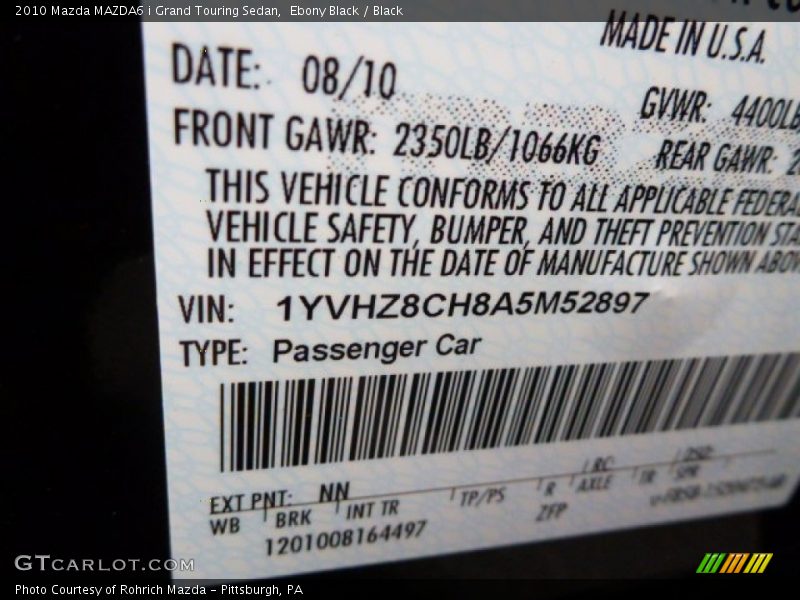 Ebony Black / Black 2010 Mazda MAZDA6 i Grand Touring Sedan